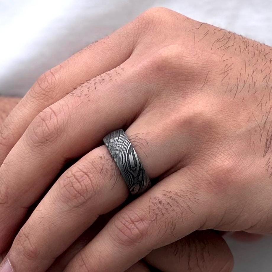 Damascus Steel Barrel Ring Perfect on mans hand