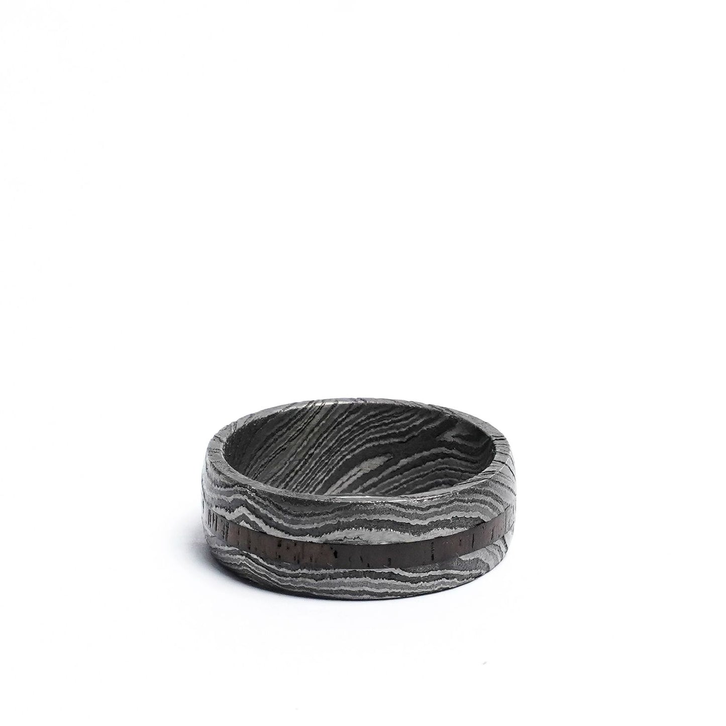 Damascus steel wood inlay ring for men