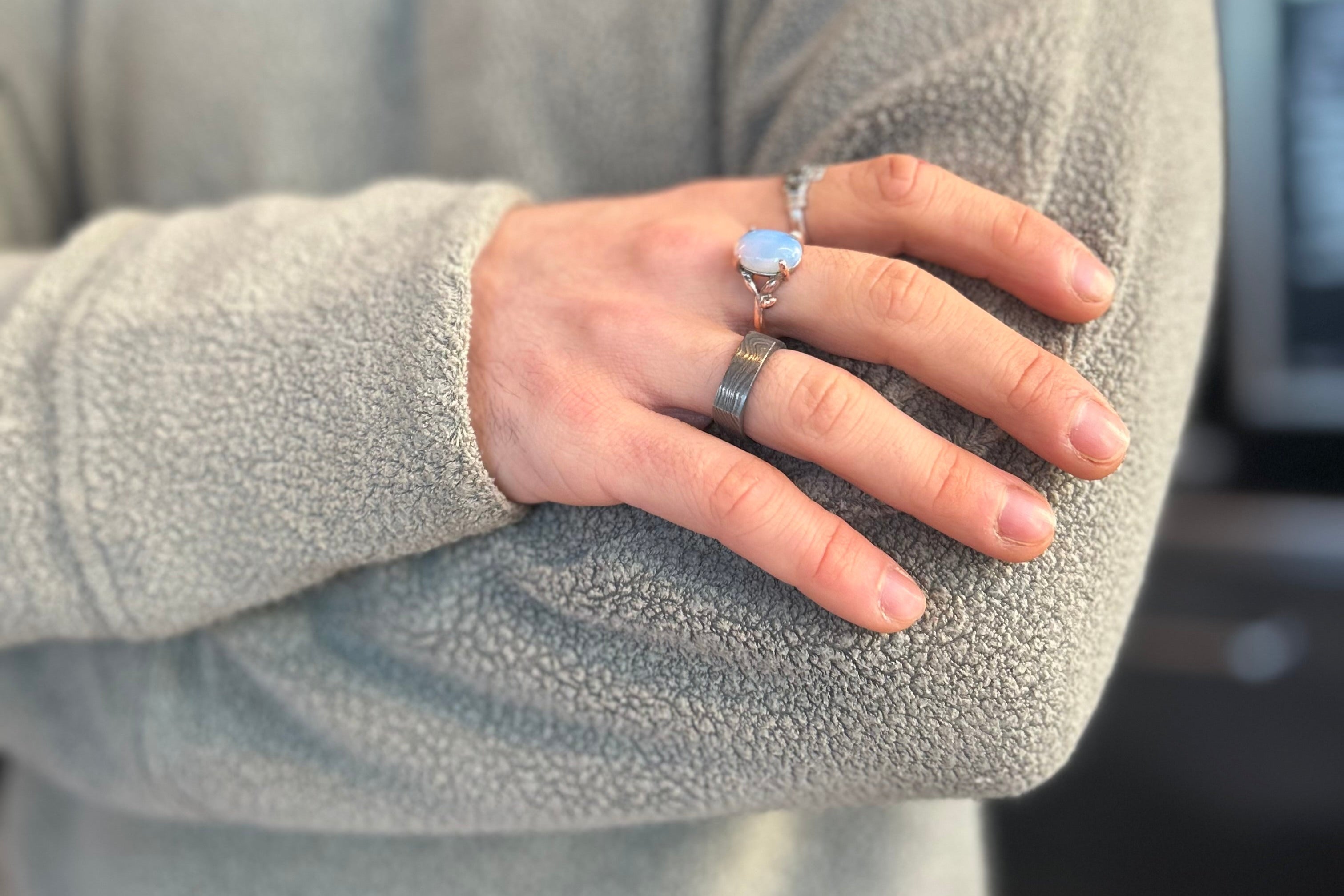 Cool Vintage Damascus Ring For Him Wearing On Hand