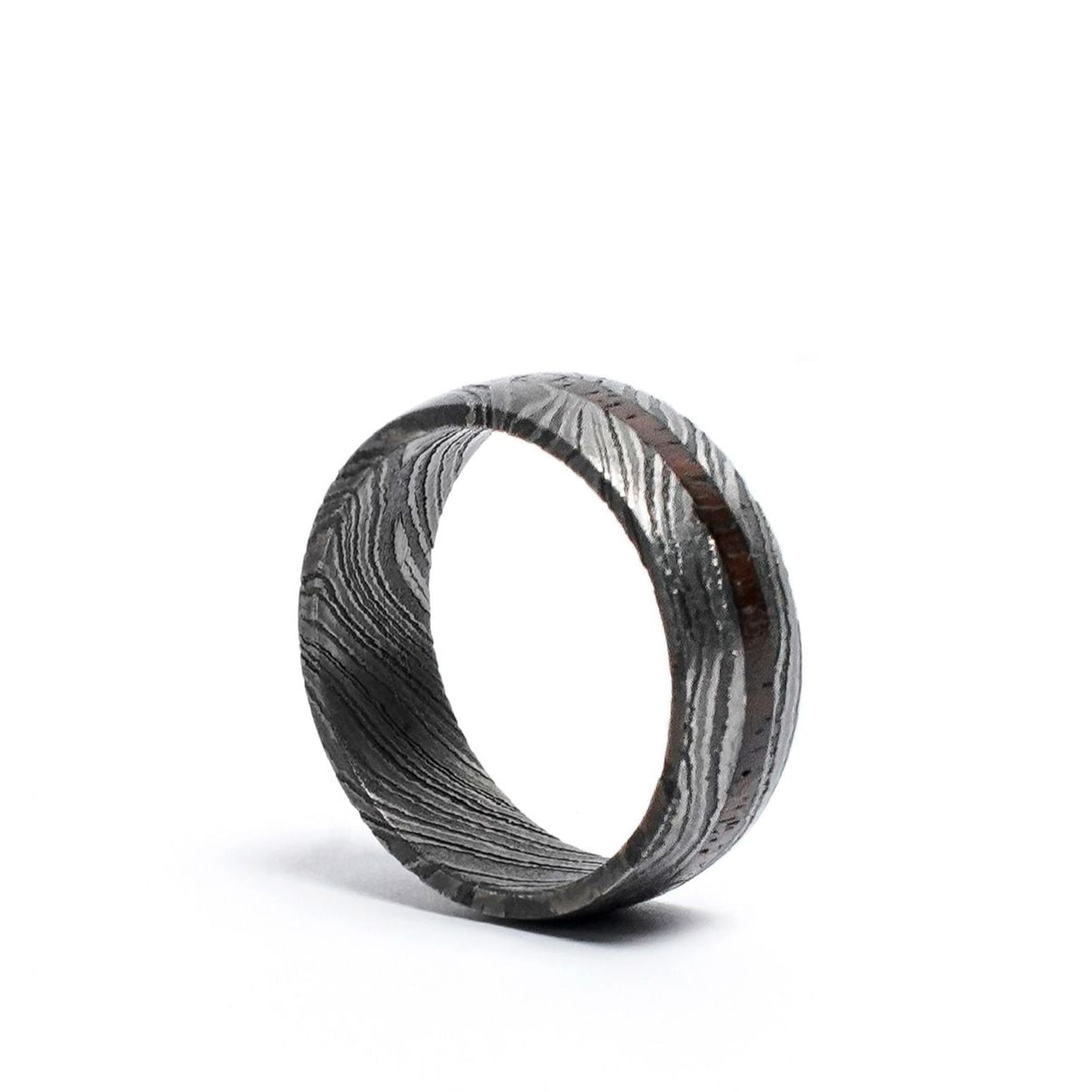 Damascus Steel Wood inlay ring for men
