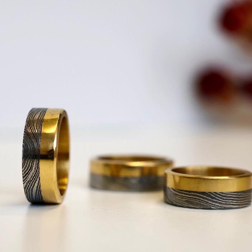 Ring Damascus Steel and Brass Band Gifts For Men Women Valentines Wedding Engagement Gift