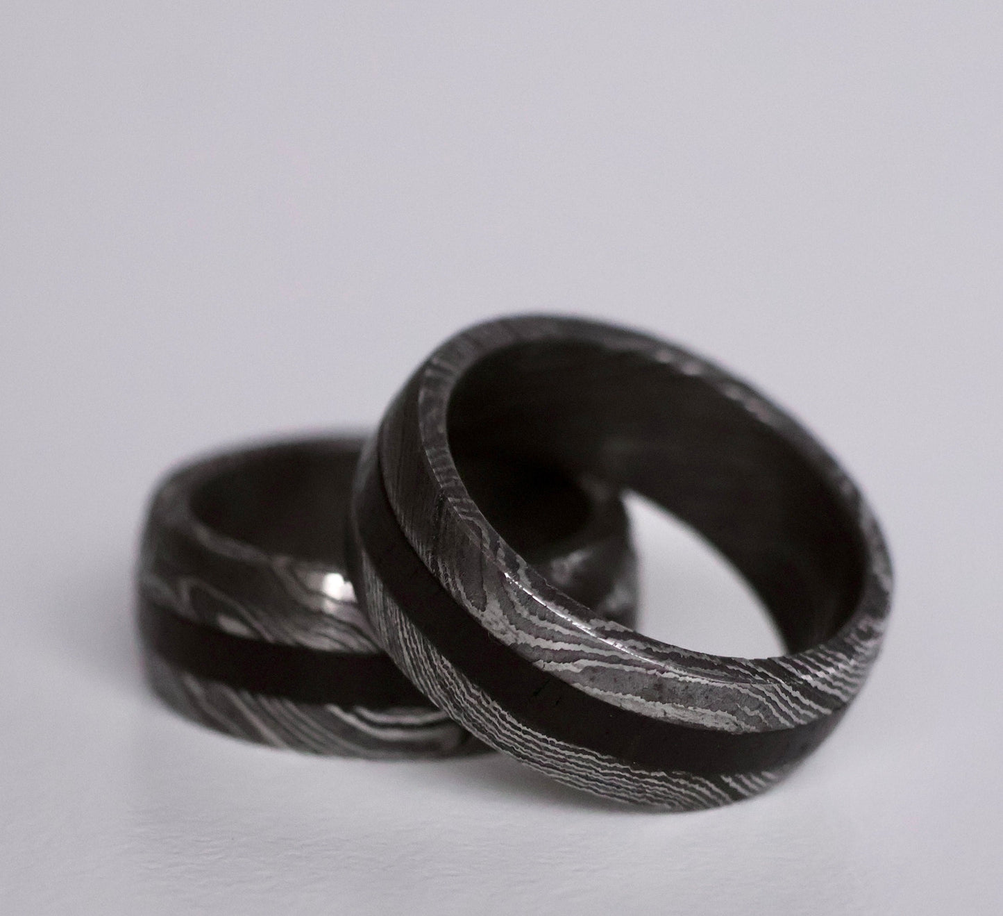 Damascus And Wooden Inlay Ring
