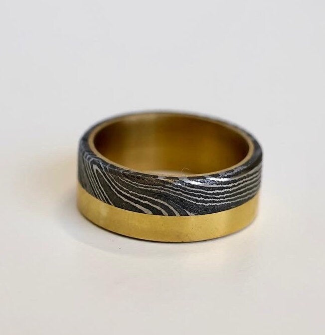 Ring Damascus Steel and Brass Band Gifts For Men Women Valentines Wedding Engagement Gift