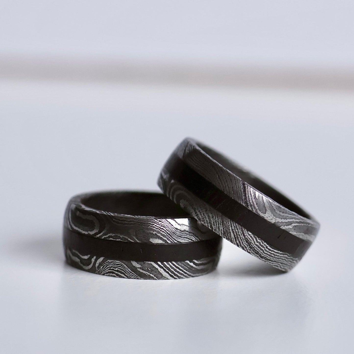 Damascus And Wooden Inlay Ring