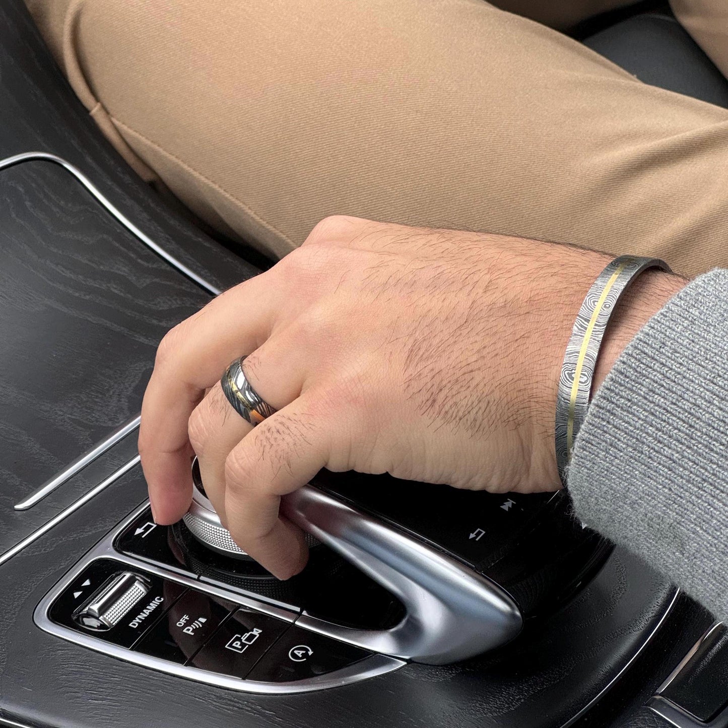 Unique Damascus Steel and Brass Inlay Band man wearing while driving