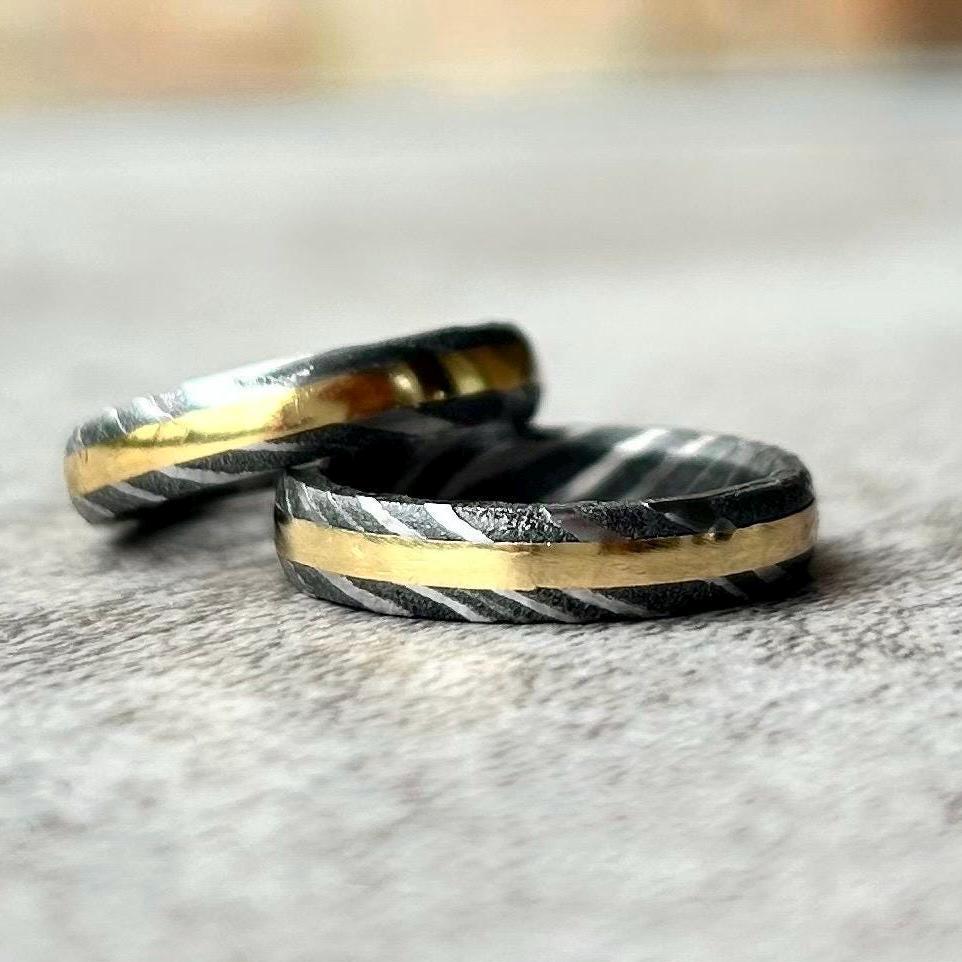 Gift For Her - Damascus Steel and Brass Ring - Christmas Gift - Promise Ring - Wedding Ring
