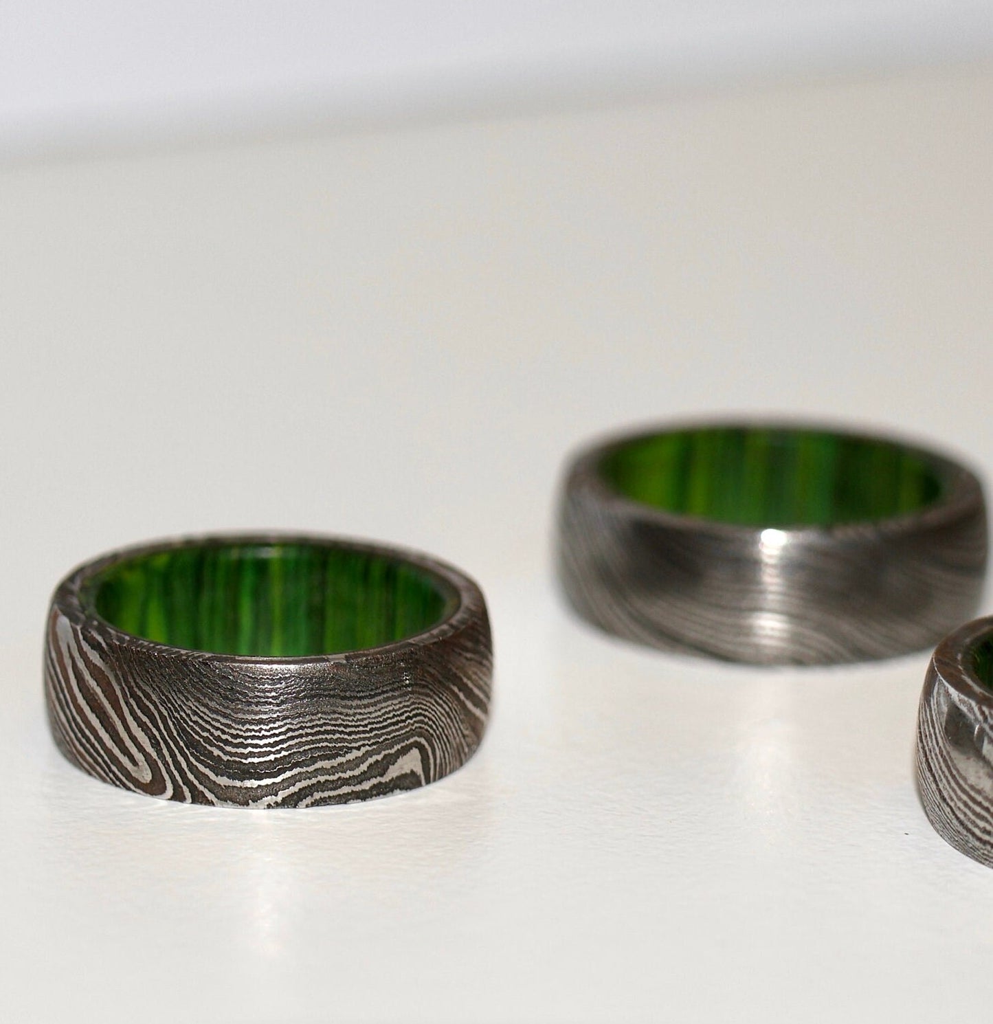 Damascus steel green wood ring set of three