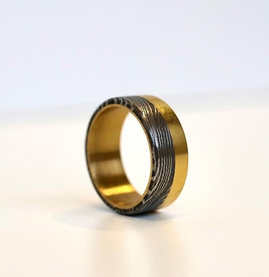 Ring Damascus Steel and Brass Band Gifts For Men Women Valentines Wedding Engagement Gift