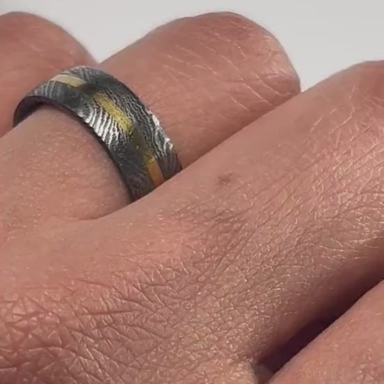 Unique Damascus Steel and Brass Inlay Band - Gifts for Women - Wedding/ Anniversary/Promise Ring