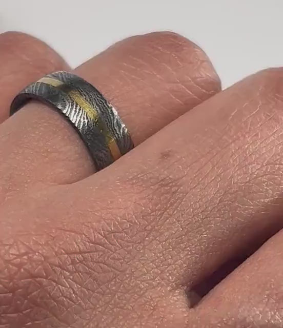 Unique Damascus Steel and Brass Inlay Band - Gifts for Women - Wedding/ Anniversary/Promise Ring
